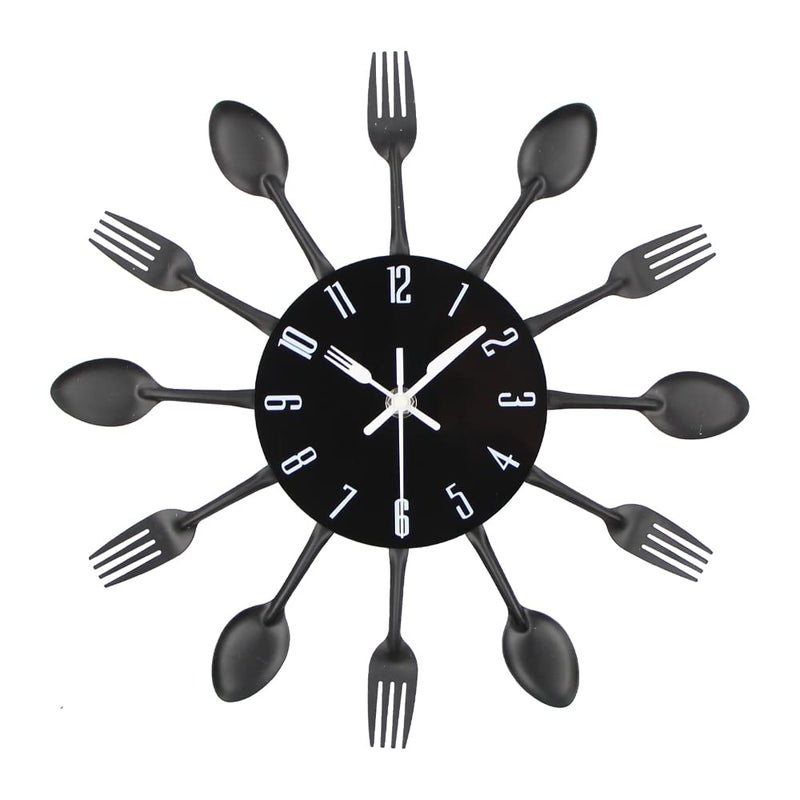 Timelike Kitchen Wall Clock, 3D Removable Modern Creative Cutlery Kitchen Spoon Fork Wall Clock Mirror Wall Decal Wall Sticker Room Home Decoration (Black) - Image 1